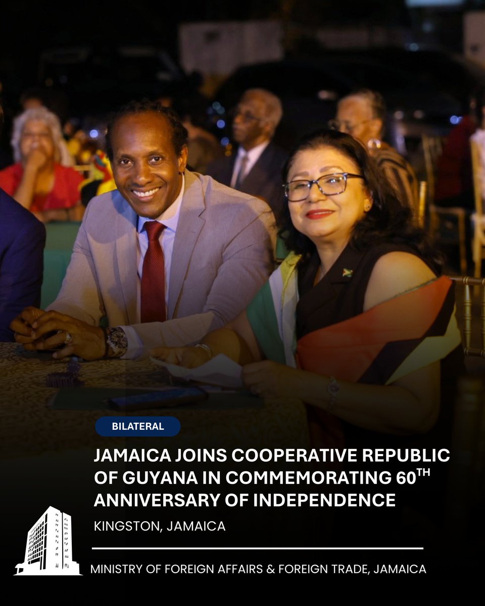mfaftja's tweet photo. Jamaica joined Guyana this week in commemorating Guyana’s Diamond Jubilee of Independence during a reception held at The University of the West Indies, Mona. The ceremony, hosted on Tuesday, May 26, marked the country’s 60th anniversary of independence, achieved in 1966.

Representing the Government and people of Jamaica, Minister of State in the Ministry of Foreign Affairs and Foreign Trade, Honourable Alando Terrelonge, highlighted the strong and enduring partnership between Jamaica and Guyana, built on shared history, regional solidarity and longstanding cooperation.

1/2
