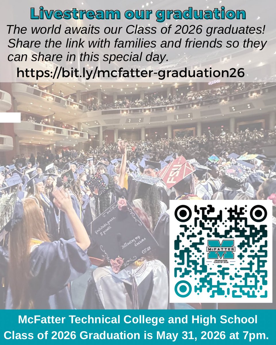 McFatter_Tech's tweet photo. 🎓2026 Grads-
Please share with family and friends so that everyone can join in on your special day &amp; celebrate your achievement. 
#livestream #graduation #classof2026🎓
https://t.co/7tc90eg2oo https://t.co/gy9aNt7pD2