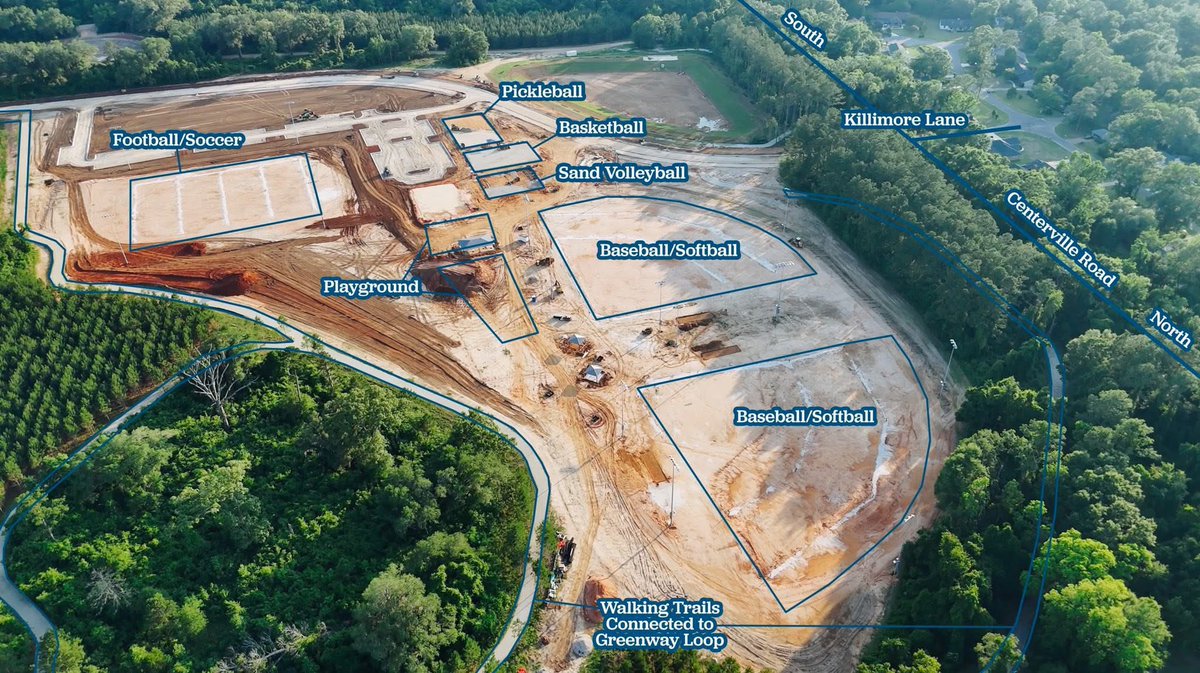 CommishWelch's tweet photo. Today we had the opportunity to get an updated tour of the NE Park’s construction progress. 

Take a look at the attached annotated pictures! 

It’s looking awesome. 

The dry Springtime has allowed the crews to make expedited progress. 

We also got to take a little driving tour of the new 1 mile walking trail that goes around the perimeter of the park and will eventually tie in to the 17 mile Welaunee trail loop!