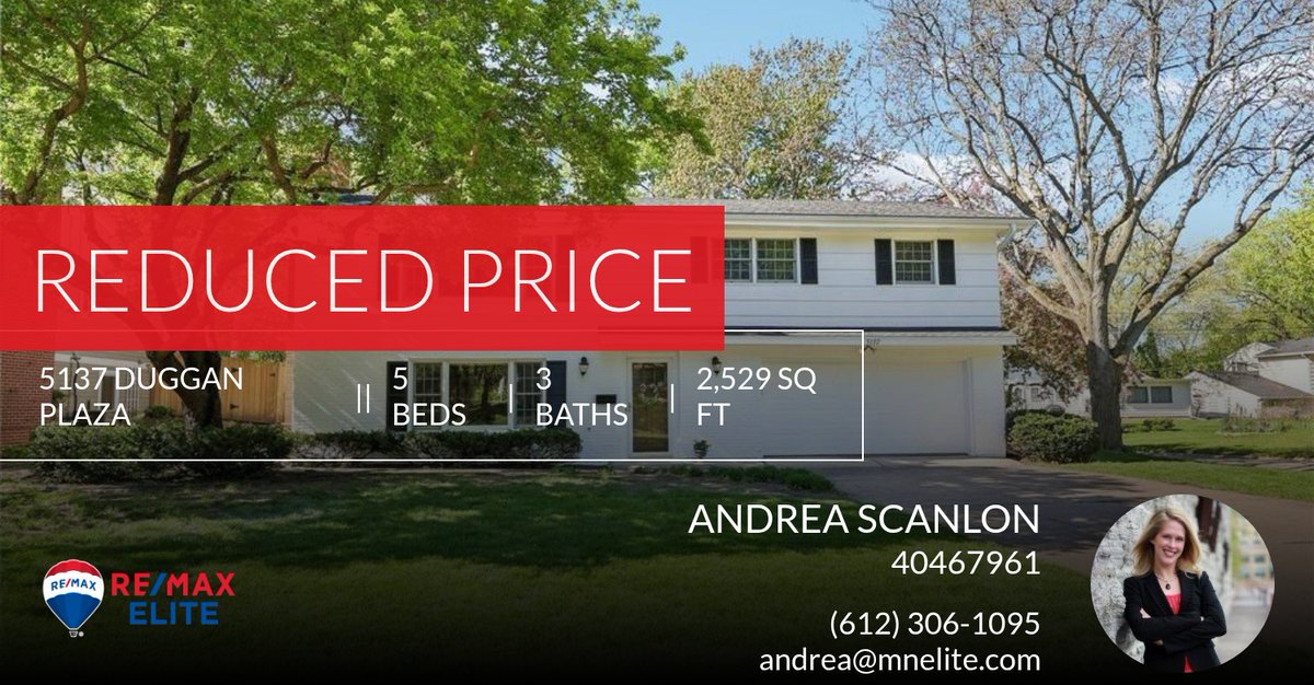 AndreaHScanlon's tweet photo. 📍 Reduced Price 📍 This recently reduced home at 5137 Duggan Plaza in Edina won't last long, so, don't wait to set up a showing! Reach out here or at (612) 306-1095 for more information!

You deserve Top Notch representation in se... https://t.co/mjGfSqKwkb https://t.co/sIjo28QbYr