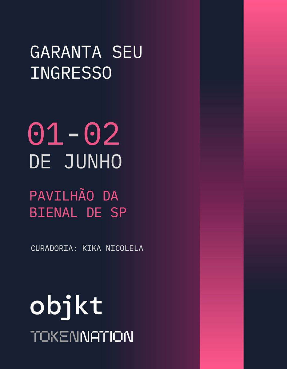 tokennation_io's tweet photo. A @objktcom  apresenta, durante a TokenNation São Paulo 2026, uma seleção de arte digital brasileira com curadoria de Kika Nicolela.

A mostra reúne quase 100 obras de mais de 60 artistas brasileiros, atravessando linguagens como arte generativa, glitch, vídeo experimental, fotografia, inteligência artificial e abstração computacional.

Nos dias 01 e 02 de junho, o Pavilhão da Bienal recebe encontros entre arte, tecnologia e cultura digital em uma experiência conectada ao cenário global da arte contemporânea.

#OBJKT #TokenNation #DigitalArt #Web3 #CryptoArt #Tezos #NFTBrasil