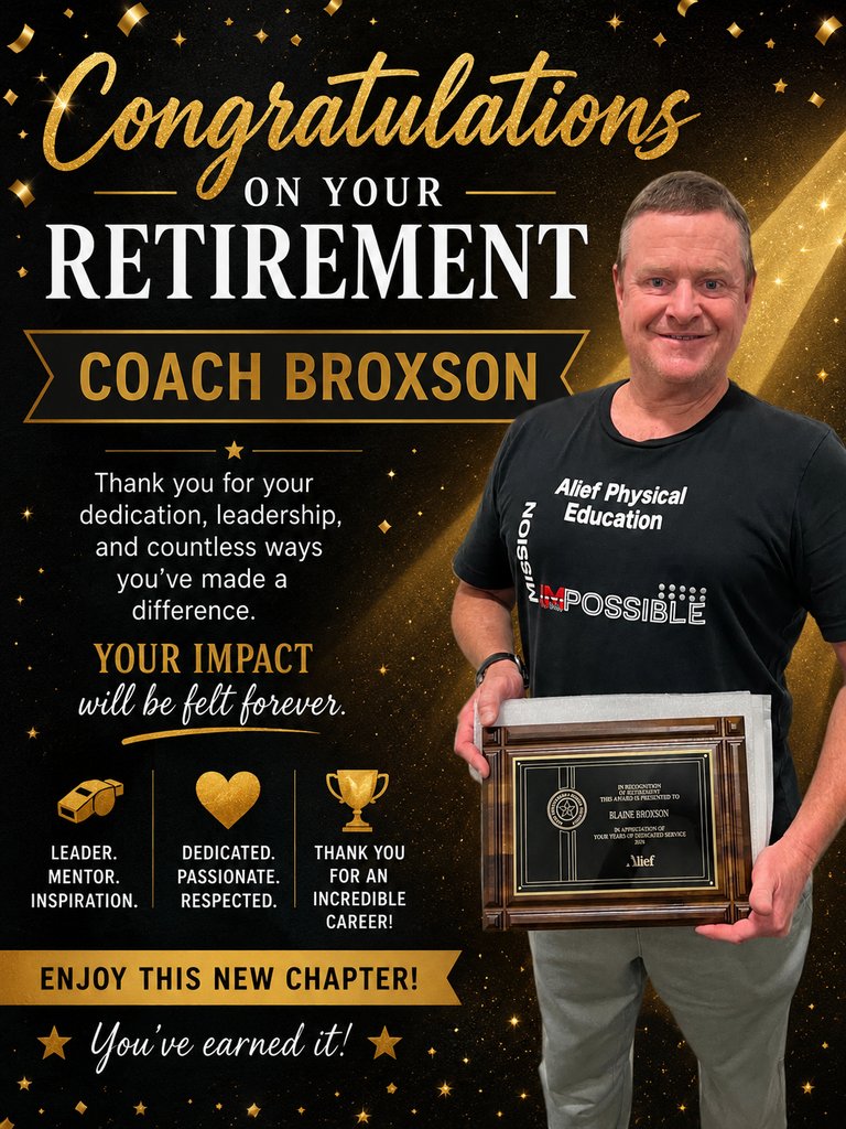 AlcPanthers's tweet photo. Celebrating Coach Broxson and an incredible career of leadership, dedication, and impact. Thank you for inspiring so many along the way — enjoy retirement, Coach! 🎉👏 @AliefISD @AlcPanthers #AliefProud https://t.co/QUFAmSaKHc