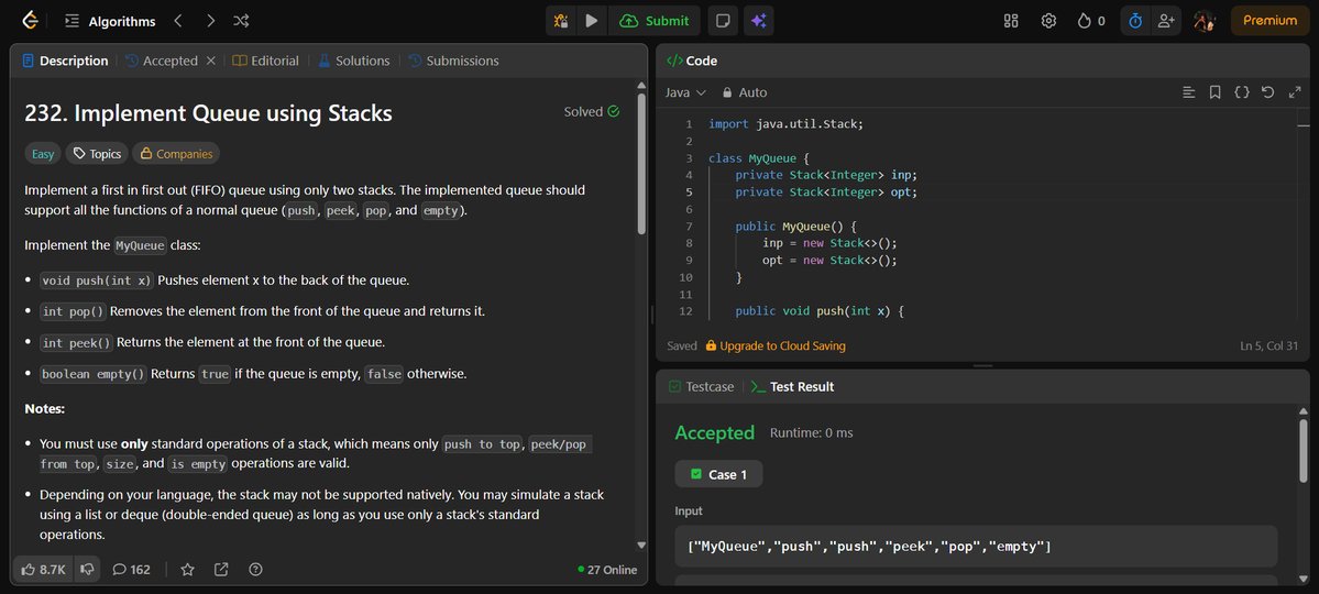 VKakad2709's tweet photo. Day 57 of #100DaysOfCodeStarted my journey today! Solved LeetCode problem Implement Queue using Stacks. Looking forward to coding more every day! #Code #LearningToCode #dsa #Java #100DaysOfCode https://t.co/1mm6D85x0p