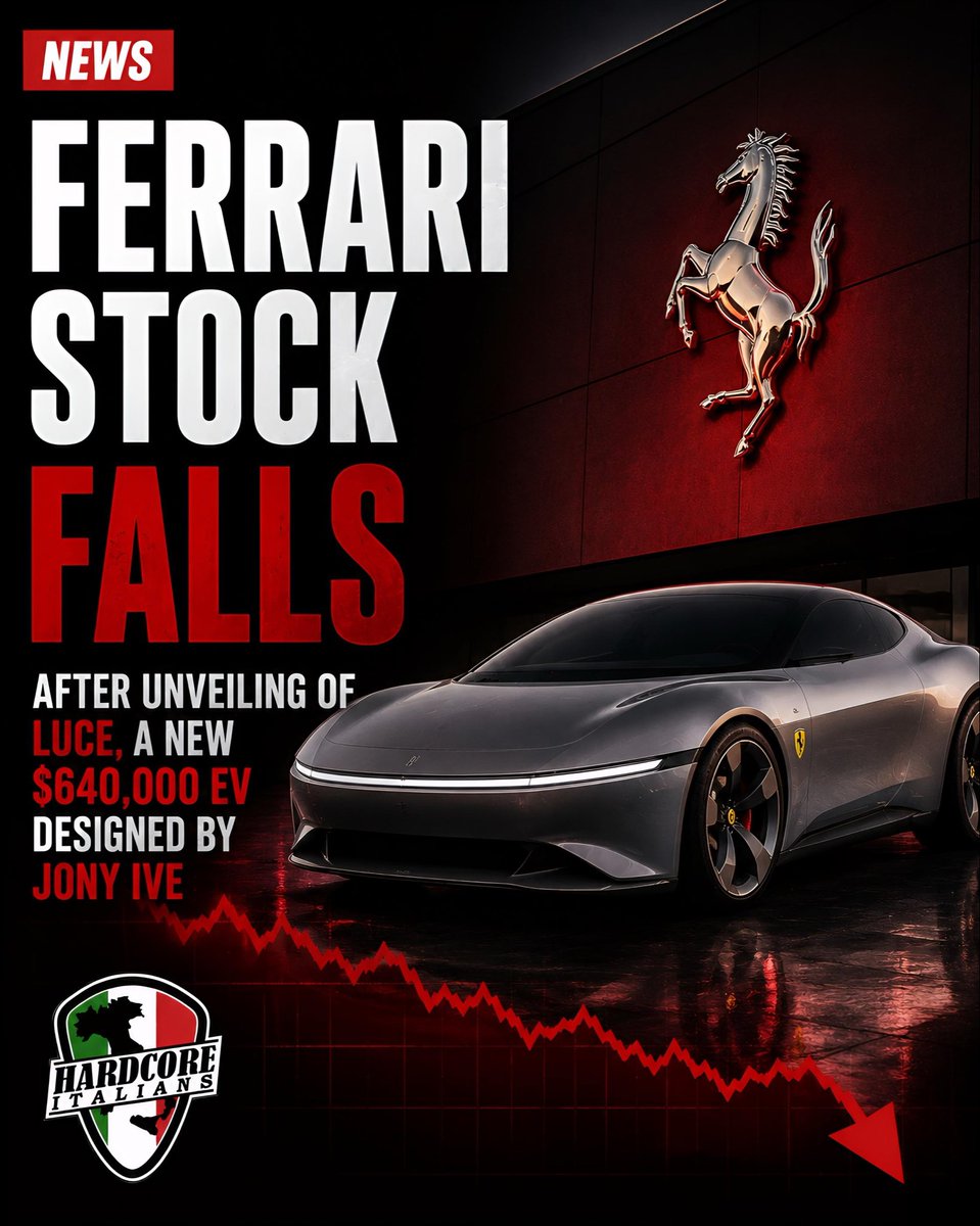 HardcoreItalian's tweet photo. Ferrari’s stock reportedly dipped after the unveiling of “Luce,” a new fully electric luxury vehicle tied to legendary Apple designer Jony Ive. The EV, which carries a reported price tag of around $640,000, has sparked major discussion online as Ferrari continues its push into the electric future.

While some fans praised the sleek design and innovation, others questioned how Ferrari’s traditional audience will respond to the brand’s evolving direction. 🇮🇹🏎️