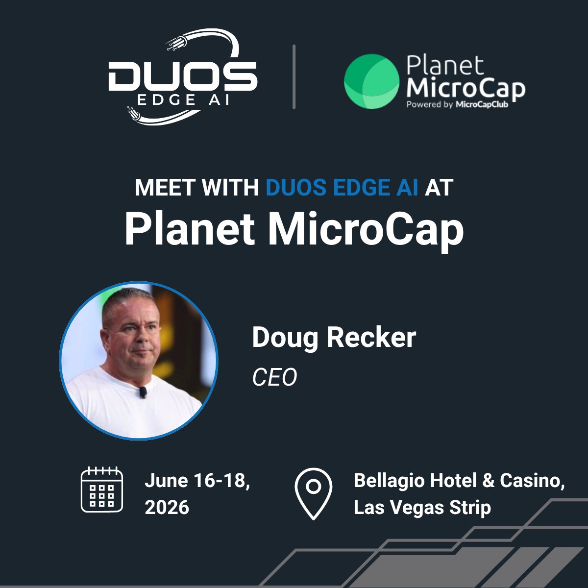 duosEdgeAI's tweet photo. CEO Doug Recker will attend #PlanetMicroCap Las Vegas 2026, joining investors, industry leaders, and innovators for conversations around the future of #edgeinfrastructure and AI-ready digital capacity. Meet with Doug at the event: https://t.co/eeEO4eGeC4 #DuosEdgeAI #DUOT $DUOT https://t.co/sFy6Uf7jjZ