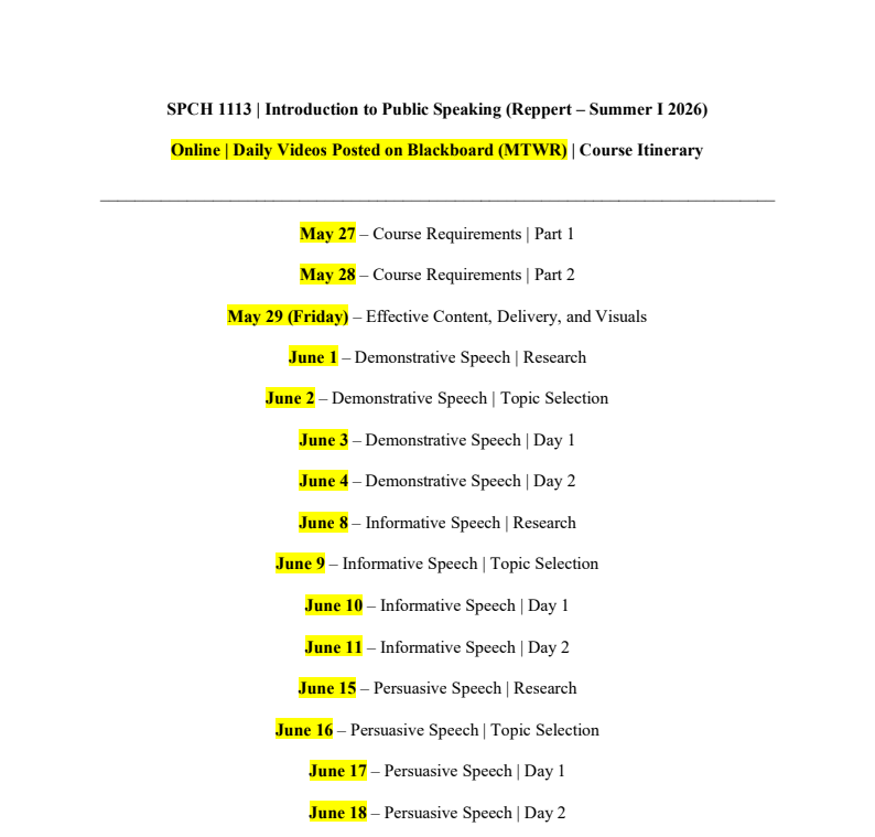 ProfJReppertSAU's tweet photo. #SPCH1113 - SAU Course Itinerary (Summer I 2026) - SPCH 1113/Introduction to Public Speaking - Online (PDF) | https://t.co/GQ25RufsQG https://t.co/LRGP19eIo3