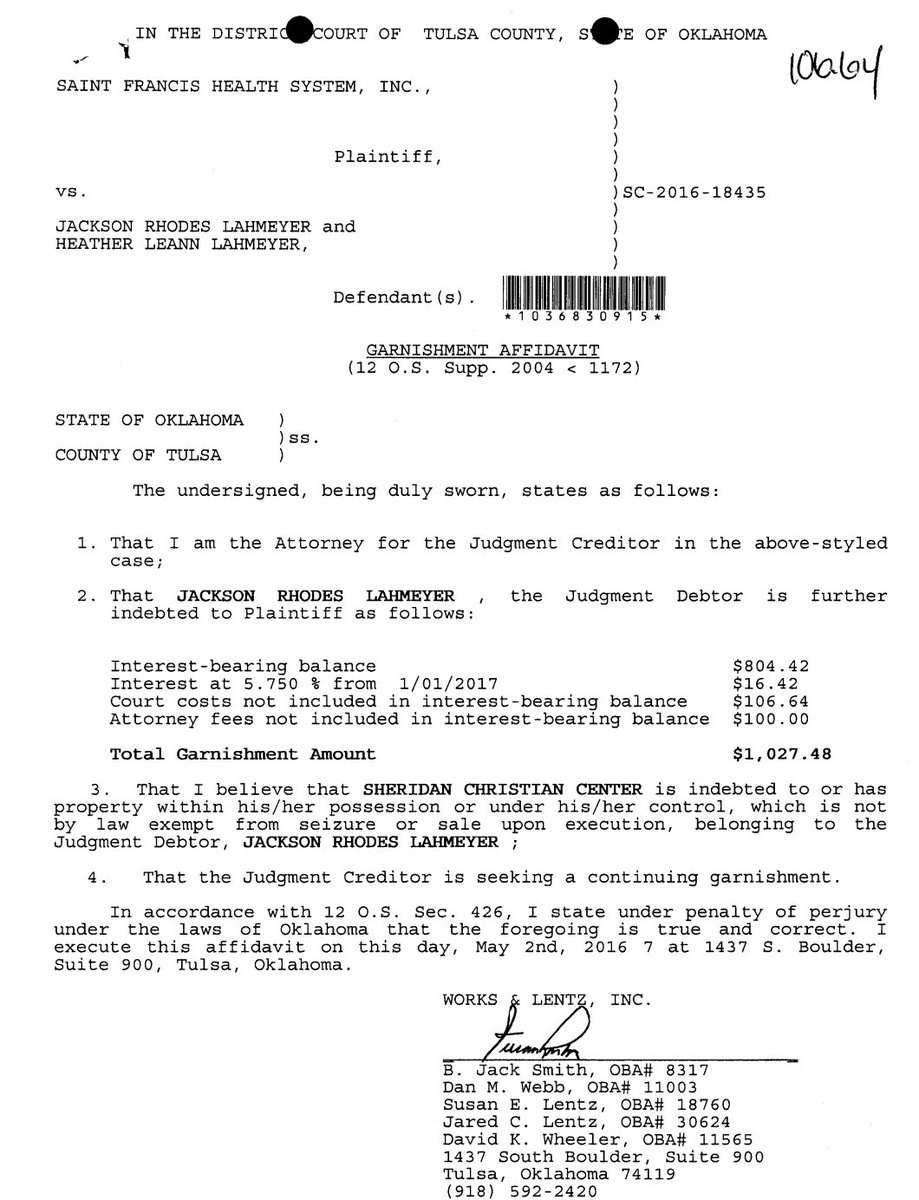 reddirtreciepts's tweet photo. @JacksonLahmeyer Are OK-1 voters aware that your wages were garnished and Sheridan Church was named in a Judgment? https://t.co/ToPL2JiIgS