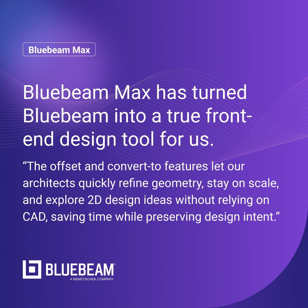 Bluebeam's tweet photo. "Bluebeam Max has turned Bluebeam into a true front-end design tool for us." - Sue Jean C., architect at Studio JCI. 

The Offset and Convert To tools are changing how architects handle 2D design work. Less CAD dependency, faster iteration, same design intent. #BluebeamMax https://t.co/PEiCCH8CJ7