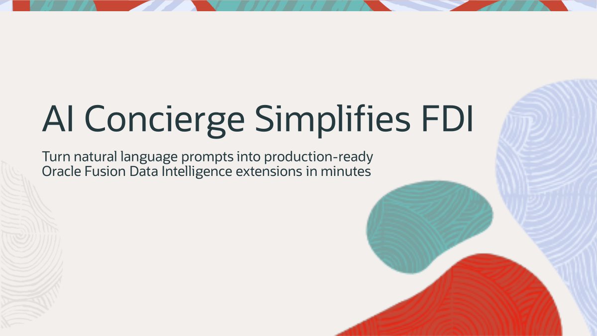 OracleAnalytics's tweet photo. Oracle AI Concierge is changing how Oracle Fusion Data Intelligence gets customized.

Using natural language, admins can generate, validate, and deploy production-ready Data Augmentation scripts in minutes — without deep HRF expertise.

Less coding. Faster implementation. Lower risk.

👉 Read the blog: https://t.co/ofVVKyyOTr 

#ArtificialIntelligence #OracleAnalytics #FusionDataIntelligence