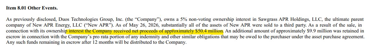 nitininvests's tweet photo. $DUOT receives $50.4M from the sale of new APR Energy. Gives them good additional capital runway to execute. Pretty much the only pure-play modular data center company on the market. https://t.co/LPOa6V0yY2