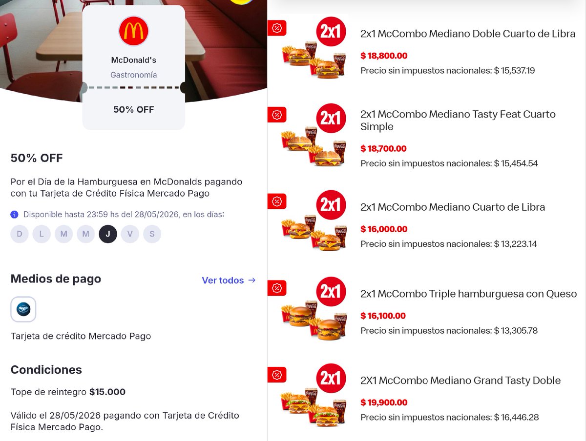 ahorrotwit's tweet photo. 🚨 Promo para acumular #DiaDeLaHamburguesa McDonalds🍔 + MercadoPago🚨
Hoy tenes 50% pagando con tu tarjeta de crédito de @mercadopago con tope de $15.000 y un montón de 2x1 en @McDonalds_Ar 🤑 https://t.co/hwLTNV3YL3