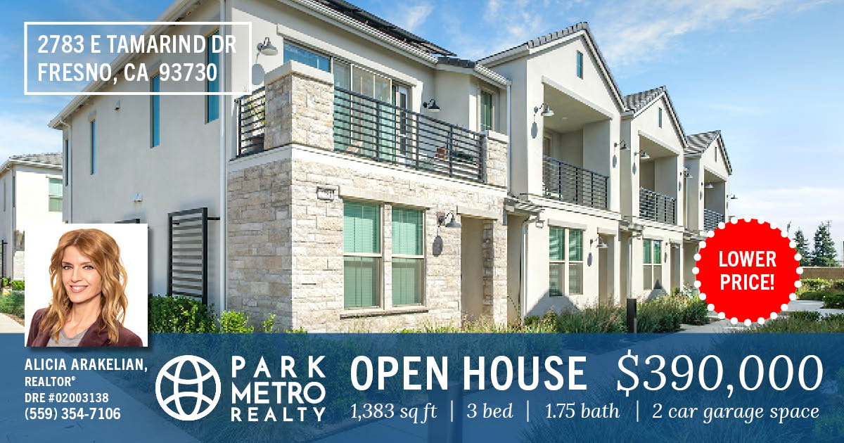 ParkMetroRealty's tweet photo. Now offered at $390,000! 2783 E Tamarind Dr in NE Fresno. Modern low-maint living w/quartz counters, stainless appliances, balcony, solar panels, EV-ready garage, + community pool amenities. FHA/VA Approved!

Open House:
Sun May 31, 2026
12pm – 3pm

https://t.co/1QRLnYNqdj https://t.co/UuXmWllVav