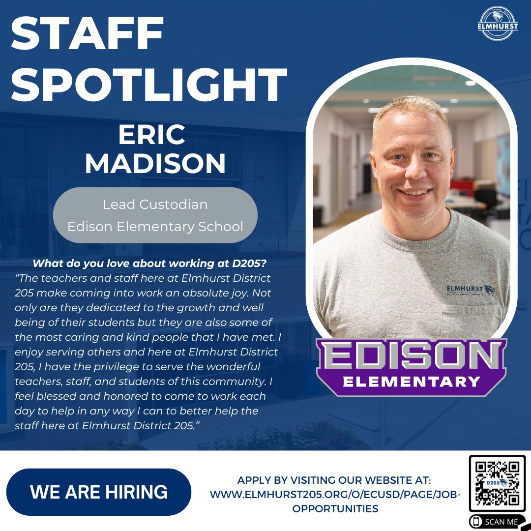 ElmhurstD205's tweet photo. 🌟 Elmhurst D205 Spotlight! 🌟
ㅤ
We're shining the spotlight on Eric Madison, the lead custodian @EdisonD205! 
ㅤ
Thank you, Eric, for your hard work and for empowering the next generation!
ㅤ
#WeAreD205 https://t.co/TOlDy8u9vB