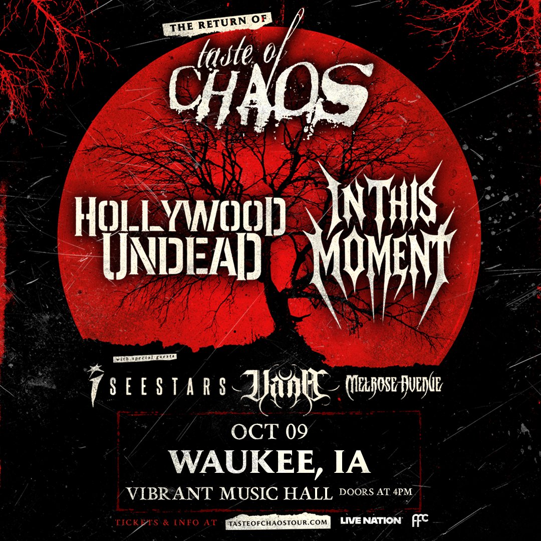 firstfleet's tweet photo. Just Announced! Serving up Taste of Chaos: @hollywoodundead x @OfficialITM at @VibrantHall on Friday, October 9th. 🍽️ With a side of special guests, @iseestarsmusic, @vana__nz, and Melrose Avenue.

Tickets on sale Wednesday, June 3rd at 10:00 AM // https://t.co/Bg8kQhcPo6 https://t.co/9r4wQRo4Q8