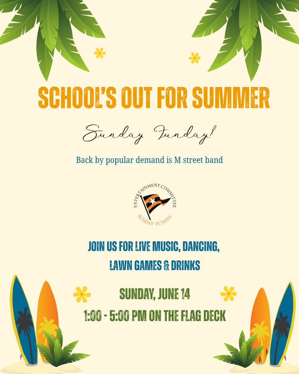 balboayc's tweet photo. Kick off summer at Sunday Funday: School’s Out for Summer on Sunday, June 14! Join us on the Flag Deck for an afternoon of live music from the crowd-favorite M Street Band, dancing, lawn games, refreshing drinks, and laid-back summer vibes with family and friends. It’s the perfect way to celebrate the start of the season at the Club!

#BalboaYachtClub