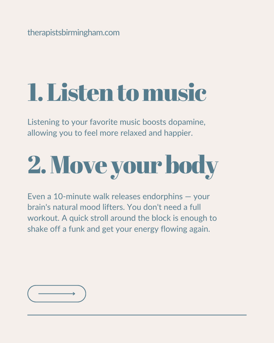 Bham_Therapy's tweet photo. Need a boost?📷 Here are some ways to get it!
Contact us today at (205) 807-5372 to get started!
#moodboost #moodboosting #mood #selfcaretips #mentalhealthtips #birminghamanxietyandtraumatherapy https://t.co/Ip6GwE1QcN