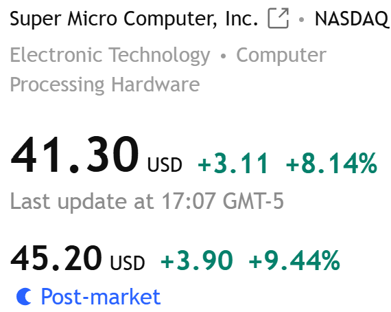 PulseTen's tweet photo. Back in March 2024 both, $Dell and Super Micro Computer, were roughly the same price.  Dell pumped, past $400 per share and Super Micro Computer just crossed $45 per share in after hours trading.
$SMCI #SMCI #SuperMicroComputer #Dell https://t.co/CNv6QpxRZq