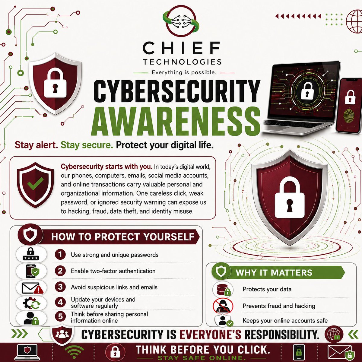chiefmoolibrian's tweet photo. Cybersecurity starts with you.

Use strong passwords, enable two-factor authentication, avoid suspicious links, update your devices, and think before sharing personal information online.

Think before you click. Stay safe online.

#Cybersecurity #DigitalSafety. https://t.co/pYSoUGlFzm