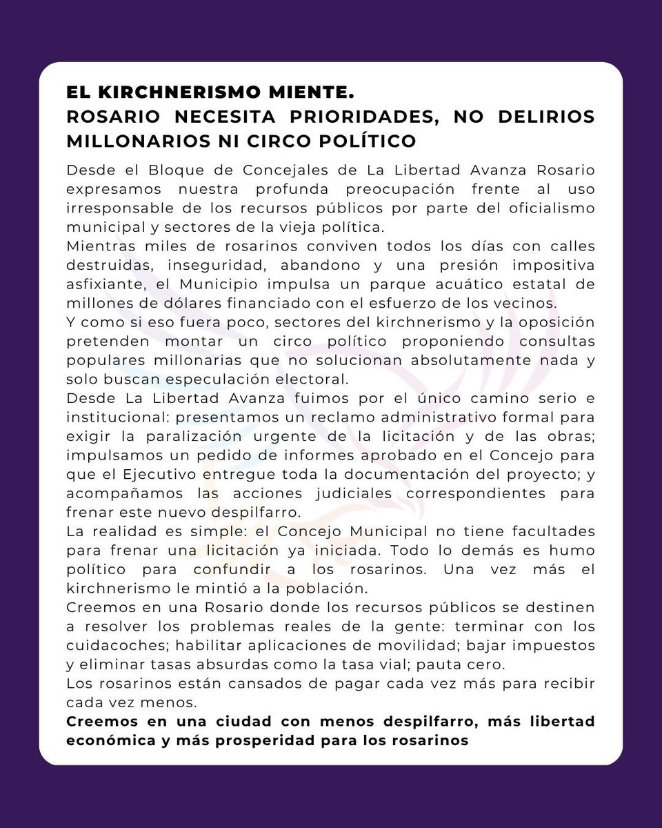 LLAConcejales's tweet photo. El kirchnerismo y la vieja política convierten cualquier tema en circo para hacer campaña. 
Mientras tanto, los rosarinos siguen pagando impuestos altísimos y viviendo en una ciudad llena de problemas sin resolver. 
Rosario necesita menos relato y más gestión. https://t.co/glexGBfelb