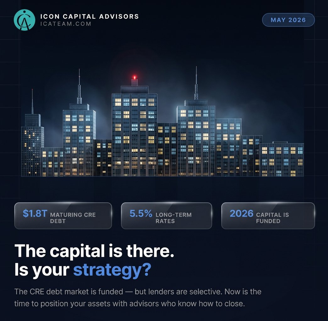 IconCapitalA's tweet photo. 📍 The 2026 CRE market is funded — but not easy. Capital allocations are up, spreads are compressing, and lenders are active. But they're also selective. The sponsors winning deals right now aren't the ones waiting — they're the ones working with advisors who know how to structure, position, and close.
At Icon Capital Advisors, we help commercial real estate owners and investors secure the most favorable financing for their assets — from multifamily and mixed-use to office and retail.
$1.8 trillion in CRE loans are maturing in 2026. Is your financing strategy ready?
🔗 Start the conversation at https://t.co/i5b9VYizGi or call us at 424-320-9870.
#CommercialRealEstate #CREFinancing #IconCapitalAdvisors #CRELoans #RealEstateInvesting