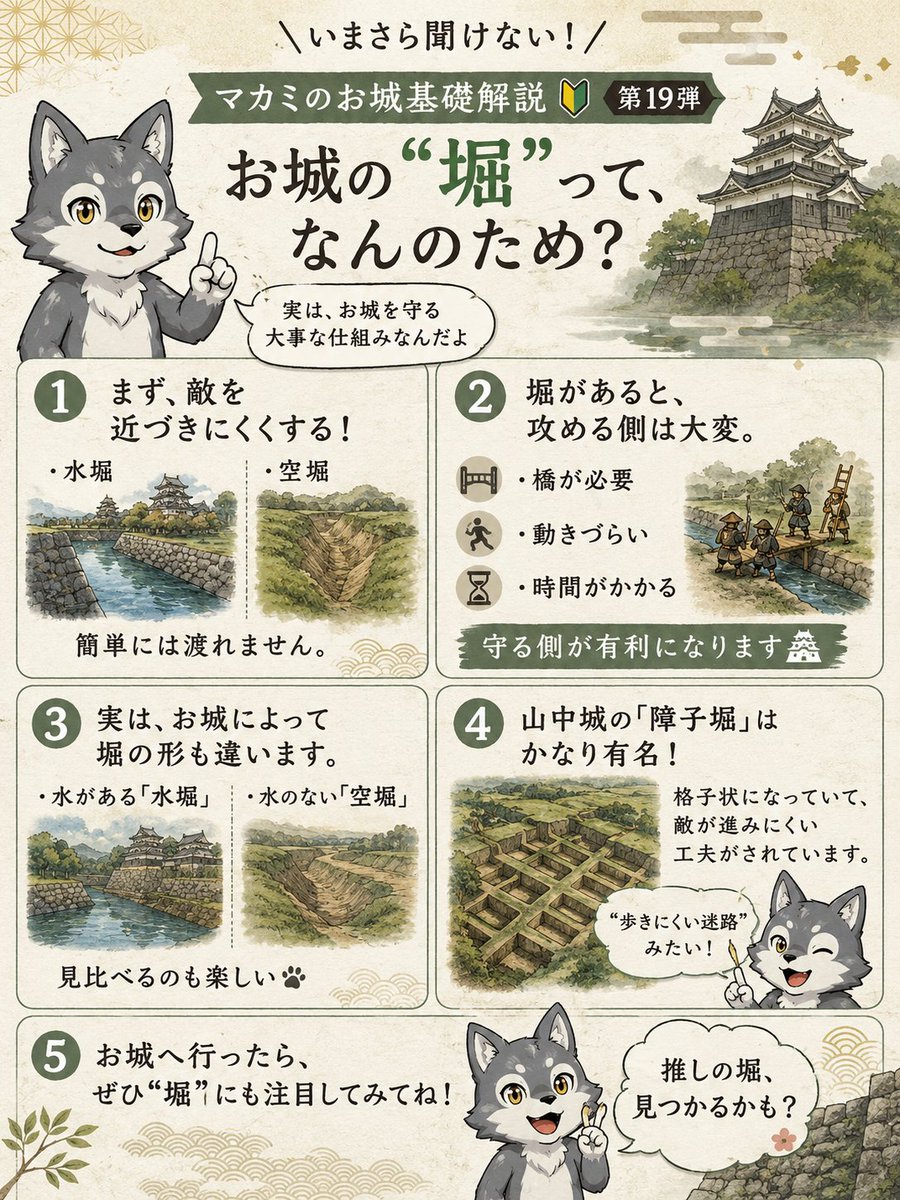 digitaljokers's tweet photo. ＼いまさら聞けない！／
マカミのお城基礎解説🔰第19弾
「お城の堀って何のため？」

お城の堀って、実はかなり奥深いんです🏯
水堀だけではなく、山中城みたいな特殊な堀もありますよ！
お城に行かれる際は、
堀にも注目してみてくださいね🐺

#デジタル城下町 https://t.co/MMroREn3u8