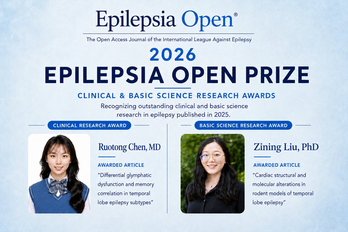 EpilepsiaOpen's tweet photo. The Editors of Epilepsia Open are pleased to announce the recipients of the 2026 Epilepsia Open Prize, recognizing outstanding clinical and basic science research published in 2025.  Congratulations to this year's awardees!

https://t.co/um7cUpBKoA

#Epilepsy #epilepsiaopen https://t.co/T1MlAXOkat