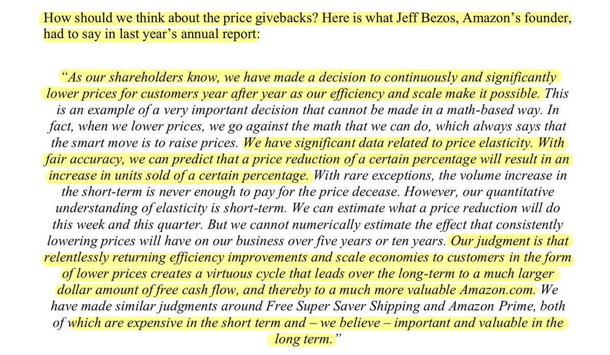 DimitryNakhla's tweet photo. Replace “Amazon” with “MercadoLibre” $MELI while reading these excerpts from Nick Sleep’s Nomad Partnership Letter (2006).

There’s a lot of similarities.

Just like Amazon, $MELI is pouring significant discretionary capital into future growth. They’re choosing to reinvest aggressively to build a much larger, more dominant business.

As Jeff Bezos explained: relentlessly returning efficiency and scale to customers through lower prices creates a virtuous cycle that, over the long term, leads to dramatically higher free cash flow and a far more valuable company.