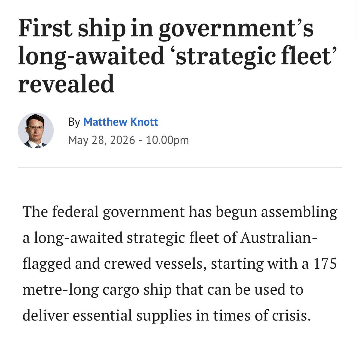 JAParker29's tweet photo. Finally some movement in the 🇦🇺 maritime strategic fleet.

While the Govt deserves credit for being the 1st to tackle this issue since the demise of the ANL 30+ yrs ago, 1 leased vessel & a pilot program of up to 3 ships barely begins to address the scale or urgency of the challenge.

6 yrs ago we assessed Australia had no strategic warning time.

https://t.co/od10qP7JW0