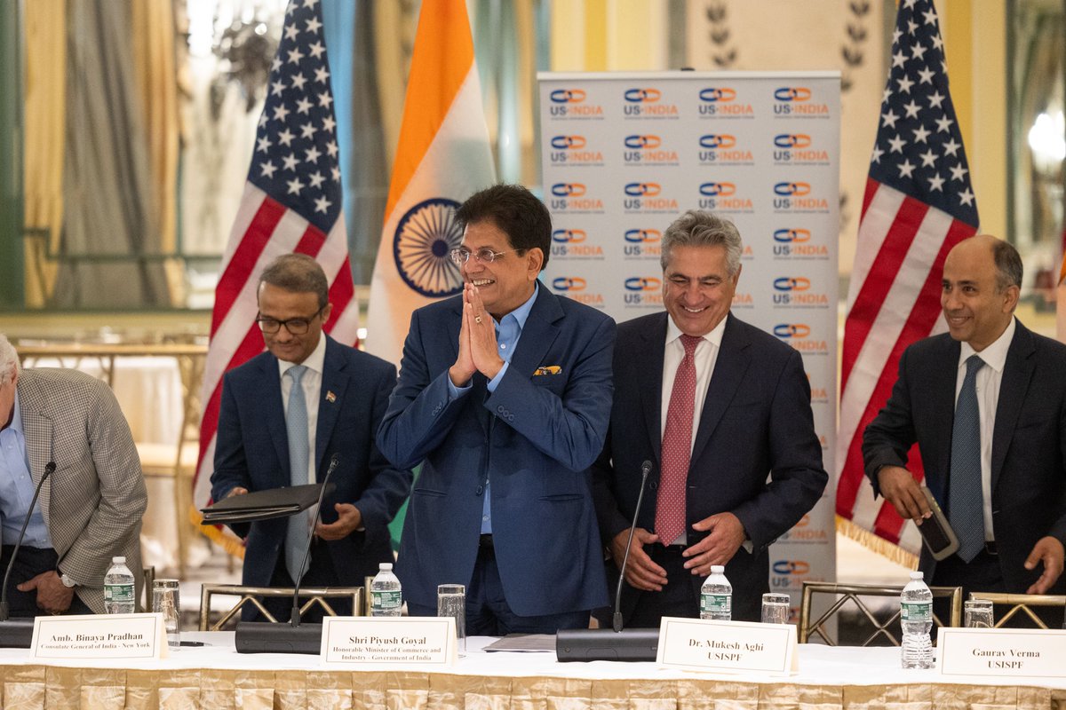USISPForum's tweet photo. USISPF was honored to host Minister @PiyushGoyal, Union Minister of Commerce and Industry (@CimGOI), Government of India, for a closed-door roundtable discussion in New York City. 

The Minister provided an encouraging update on U.S.-India trade negotiations, assuring the industry that an interim agreement is close. 

He emphasized that investor confidence, business stability, and a predictable regulatory environment remain top priorities for the Indian government. His engagement reaffirmed India’s strong commitment to deepening the bilateral economic partnership. 

As the @USTradeRep negotiating team heads to India early next week, USISPF wishes both governments a productive and successful round of negotiations.
