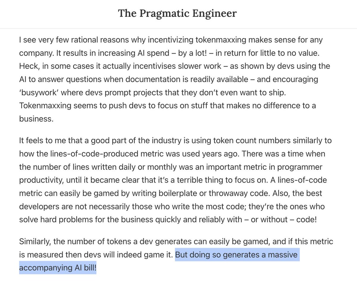 GergelyOrosz's tweet photo. A month and a half ago I shared how tokenmaxxing is spreading as a weird, new trend, and all it does is generate a massive company bill.

Amazon learning what was obvious even back then. Encouraging tokenmaxxing is very expensive and honestly pretty stupid https://t.co/zeqSfj7huC