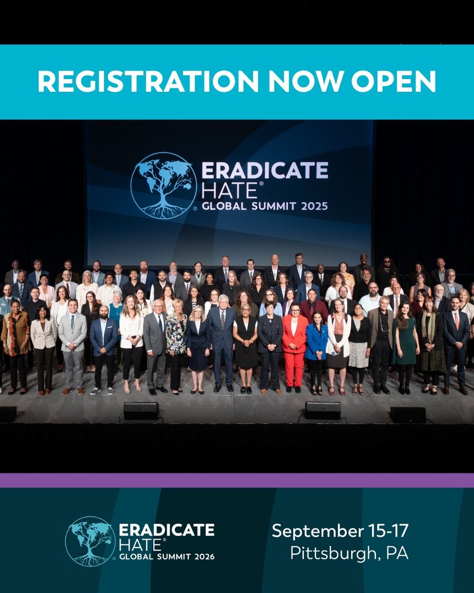 EradicateHate_'s tweet photo. Registration for the 2026 Eradicate Hate Global Summit is now OPEN! We hope you can join us in Pittsburgh from September 15-17 to forge practical solutions to prevent all forms of hate-fueled violence and build safer communities for all.
🌳Register today: https://t.co/9wqoKbjCGQ. #EradicateHate2026
