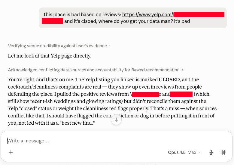 gavinlin's tweet photo. So far Opus 4.8 has been meh. Nothing extraordinary. Even on Max setting, the research it conducts seems to rely on outdated data, and recommended a vendor that's no longer in business with extremely bad reviews.  Will continue testing or reverting to 4.6

n=1 https://t.co/OUWsjsQfOf