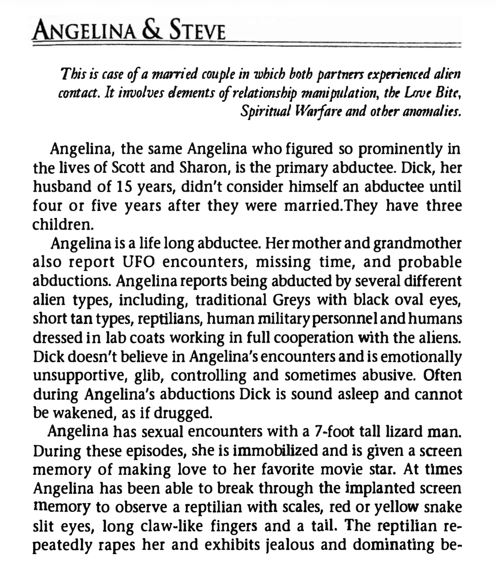 greenray__'s tweet photo. Paranormal abduction with sexual abuse by reptilian being. Humans in military/lab uniforms present

Hypnotic regression reveals a screen memory of sex with a movie star implanted to mask Angelina's being abused

She dreams of a hybrid human-reptoid child

https://t.co/1aPqzatKBb https://t.co/2mPZzXXoSO