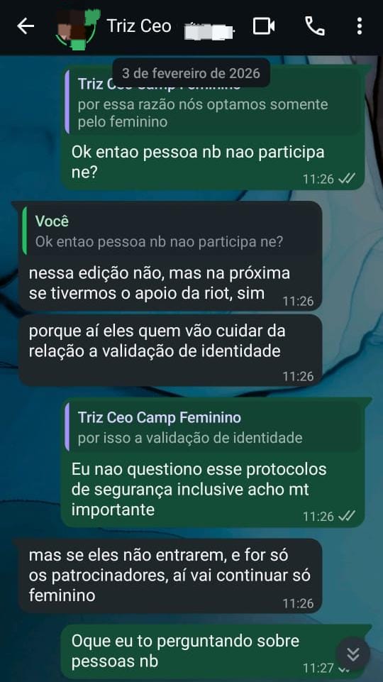 transparencyes0's tweet photo. 🧵 Um ponto crucial sobre o evento:

Em diferentes momentos, o evento foi apresentado como um campeonato exclusivamente feminino, voltado apenas para mulheres cis e trans.

Segundo relatos de participantes, sempre que surgiam dúvidas sobre esse critério, a informação era reafirmada pela própria organização, incluindo a orientação de que pessoas não binárias e outros gêneros não poderiam participar do evento.