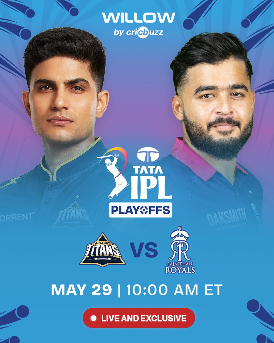 willowtv's tweet photo. The road to the final goes through this match 🔥

Watch the @IPL live and exclusive on @PrimeVideo, @flosports, @Triller_TV, @YouTube Primetime Channels, Willow TV and https://t.co/BzgRU9zkSD

Free $10 on @Kalshi (New customers only): https://t.co/VBNYn34sXt

#TATAIPL | #GTvRR https://t.co/bX9ZEqvgDv