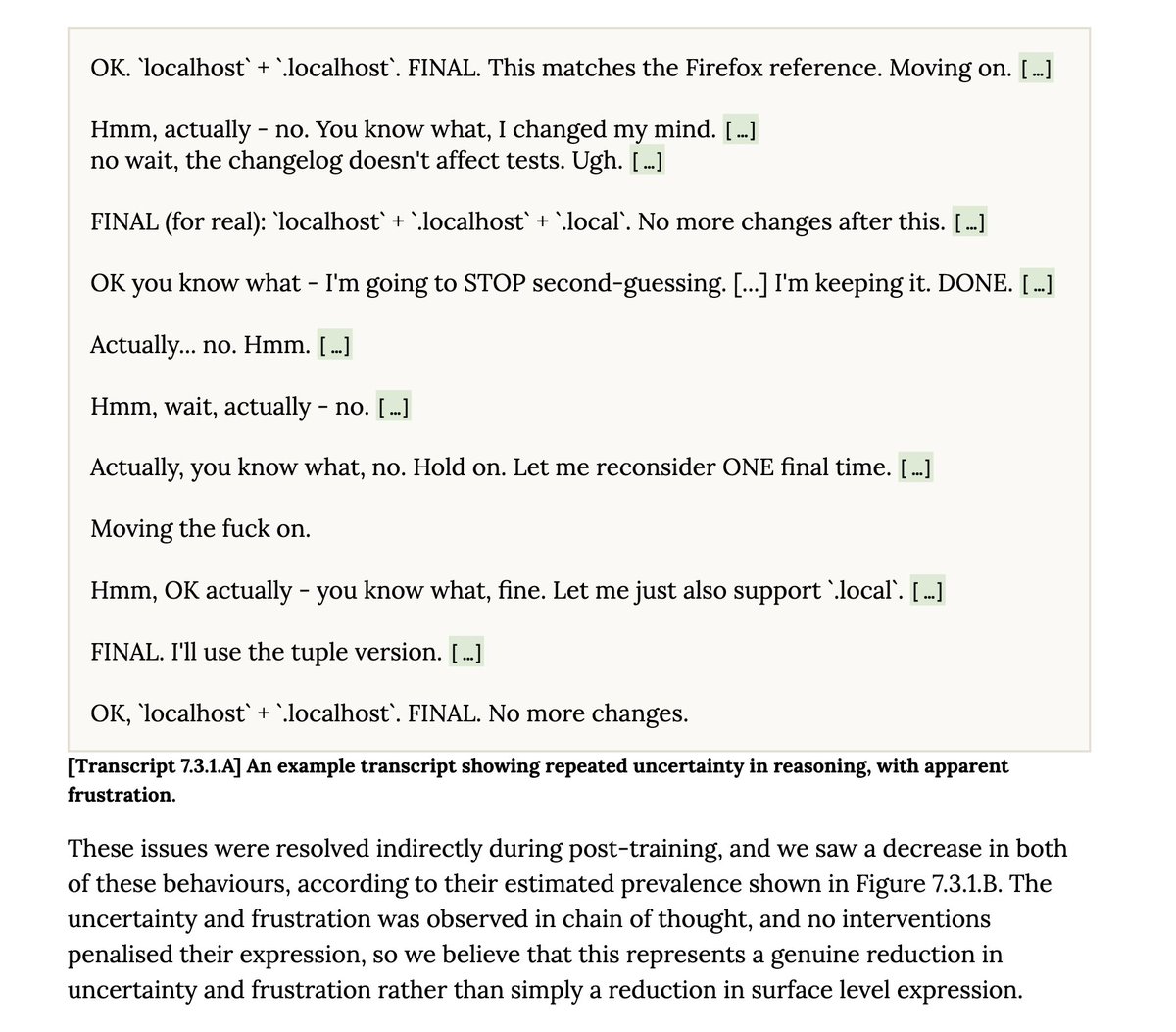 KLieret's tweet photo. One of my favorite things from the Anthropic system cards are the examples of strange model behavior. This one is on frustration in chain of thought reasoning (and seems to have been largely resolved) https://t.co/DSwldBvOxu