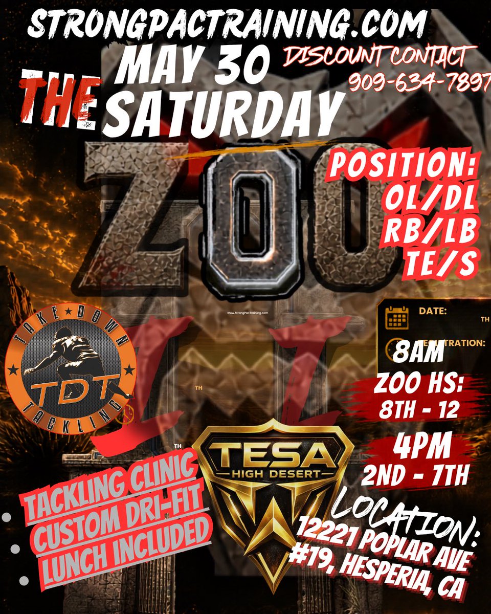 LinebackerZoo's tweet photo. This Saturday! 
POSITIONS WELCOME:
OL/DL/RB/LB/TE/HYBRIDS/SLOTS/SAFETIES 

INCLUDED: 
•RENOWNED ZOO CUSTOM DRI-FIT HOODIES
•LUNCH INCLUDED 
•TACKLING CLINIC

TESA ACADEMY HIGH DESERT 
12221 Popular Rd, Hesperia CA

8AM: AGES 8th and Up 
4PM: AGES 2nd - 7th https://t.co/dwacdEb29v