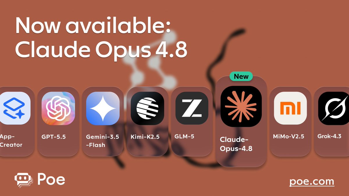 Claude Opus 4.8已 enterprise-grade知识工作、codebase-scale迁移、multi-agent协调和长期自主任务而设计，具有更敏锐的判断力和改进的诚实度。现在可以在Poe上尝试