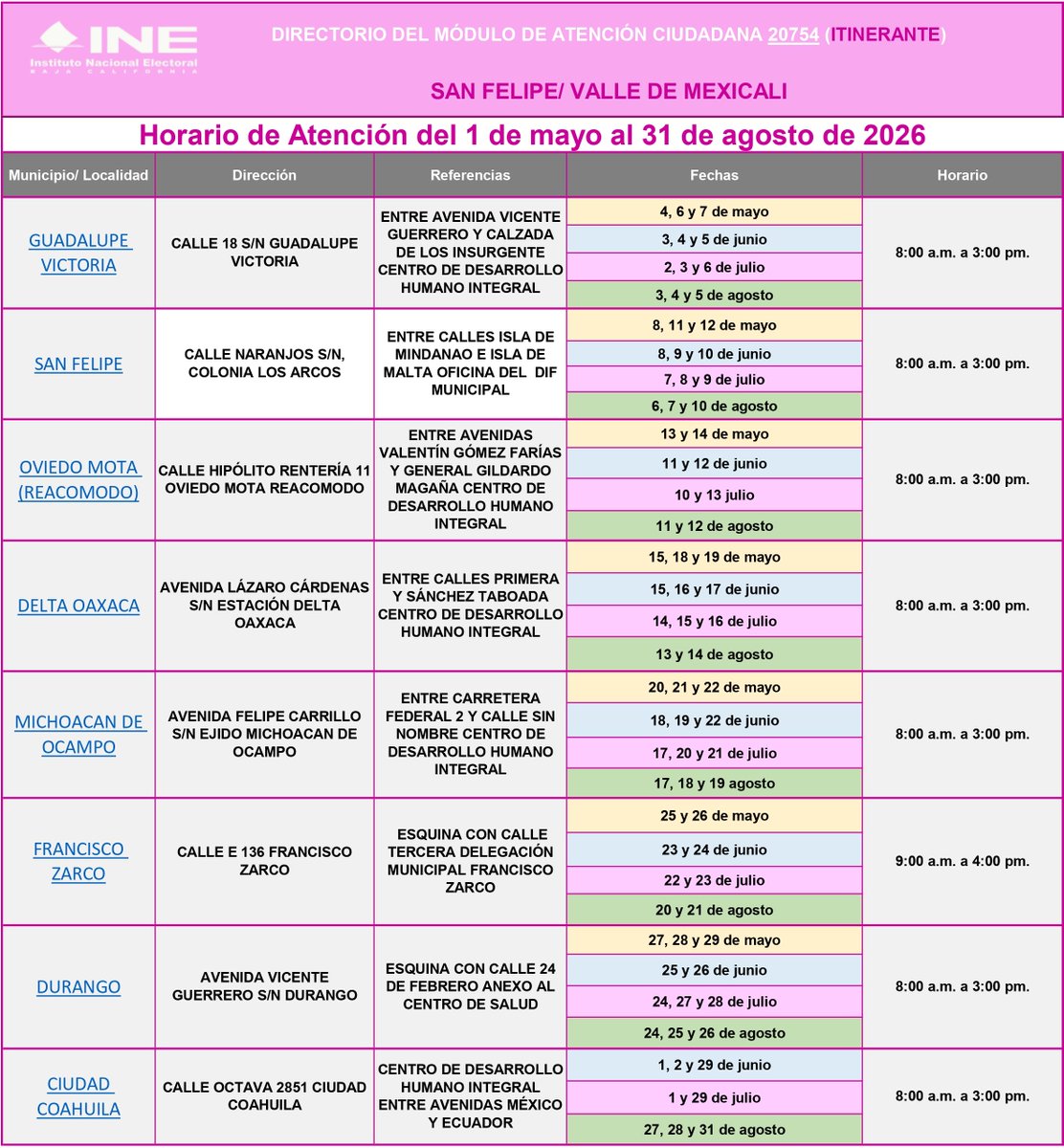 INE_BC's tweet photo. ⚠️Atención Ciudadanía⚠️
Directorio del Módulo Itinerante 🚛 para #SanFelipe y poblados del #ValleDeMexicali, del 01 al 05 de junio de 2026:
🔸Ciudad Coahuila - 01 y 02 de junio.
🔸Guadalupe Victoria - 03, 04 y 05 de junio.
⚠ Estos Módulos no requieren cita ⚠ https://t.co/7PFgOGOsLX