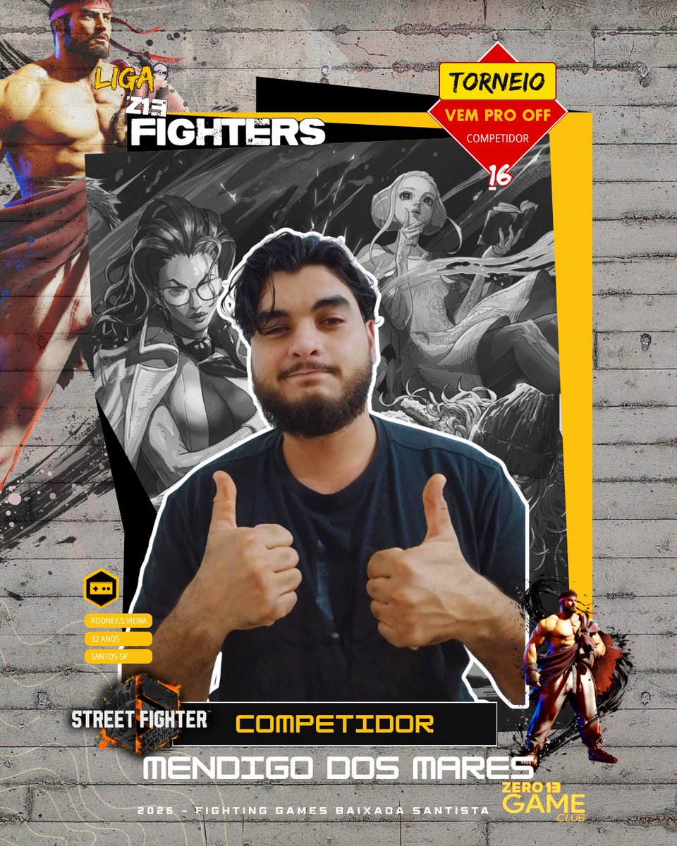 Z13GameClub's tweet photo. Mendigo dos Mares está escalado para o álbum do GameClub!

📍 Cidade: Santos - SP
🥋 Main: Ryu

🔥 ENTRE NO ÁLBUM VOCÊ TAMBÉM!
Quer ver sua figurinha aqui nas redes?

Faça sua inscrição para a 2ª Etapa, envie uma foto sua (da cintura para cima, fundo claro) e escolha seu personagem.

👉 Clique no link https://t.co/OkPIVHD0Ca, garanta sua vaga e entre para o álbum! 🎟️

#Sf6 #streetfighter6 #fgc #santos #Z13Fighters #esports