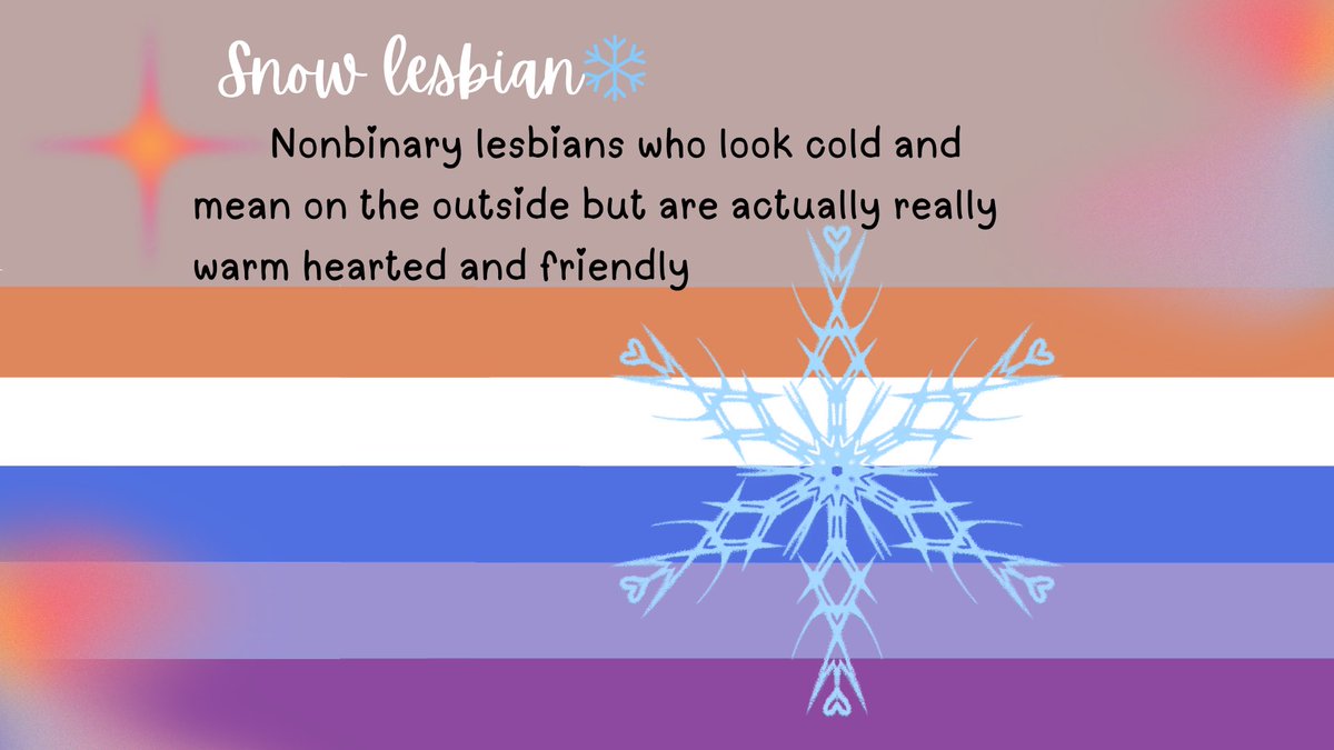aymoononlive's tweet photo. Snow Lesbian

Nonbinary lesbians who look cold and mean on the outside but are actually really warm hearted and friendly

New microlabel and flag design by me🤍 feel free to use it if you find it fitting you #microlabel #lesbian #flag #nonbinary #snowlesbian https://t.co/70EMMYH6q6
