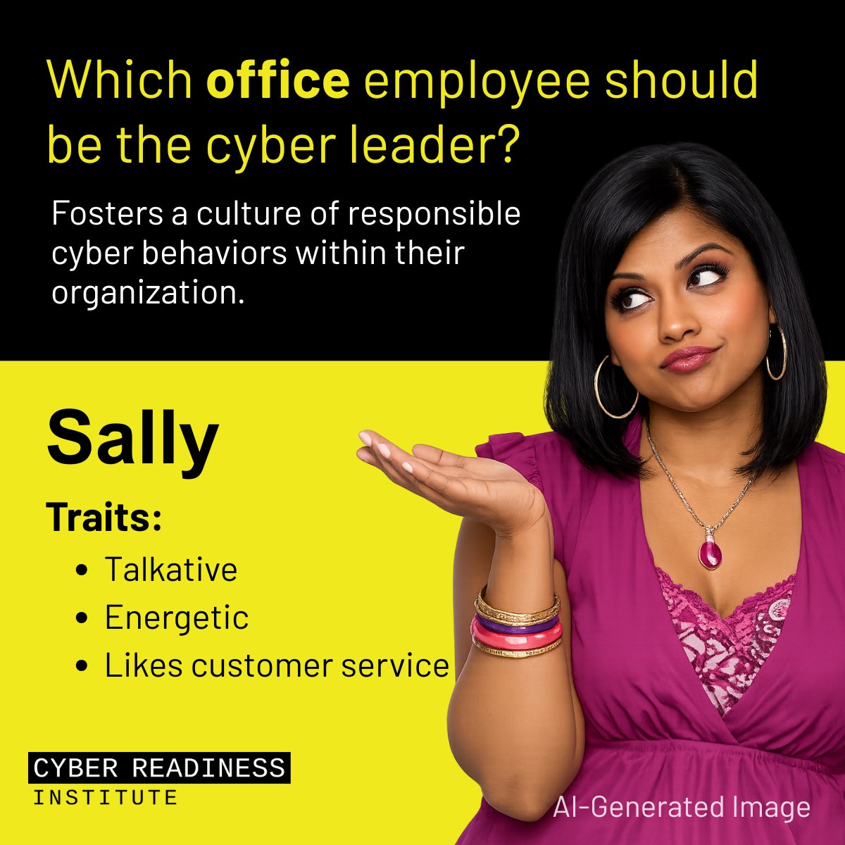Cyber_Readiness's tweet photo. Meet “Sally.” She brings the energy, keeps conversations going, and makes everyone feel heard—whether it’s a teammate or a customer. But here’s the question: does being outgoing and people-focused make her the right cyber leader?

A true cyber leader doesn’t just communicate often—they communicate effectively. They turn everyday interactions into opportunities to reinforce smart cyber habits and make security feel relevant to everyone.

Like this post if you think Sally would make a great cyber leader.

Learn more about nominating a cyber leader for your office: https://t.co/0my9FTiB5X

#CyberReadiness #SmallBusinessMonth #ChangeBehavior #BeCyberReady #CyberLeadership