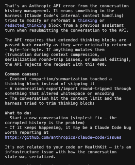 havenvu's tweet photo. @TheWayneJetski Switched back to Opus 4.6 for the time being :'( Here is more on the error above https://t.co/olrN50Y25Z