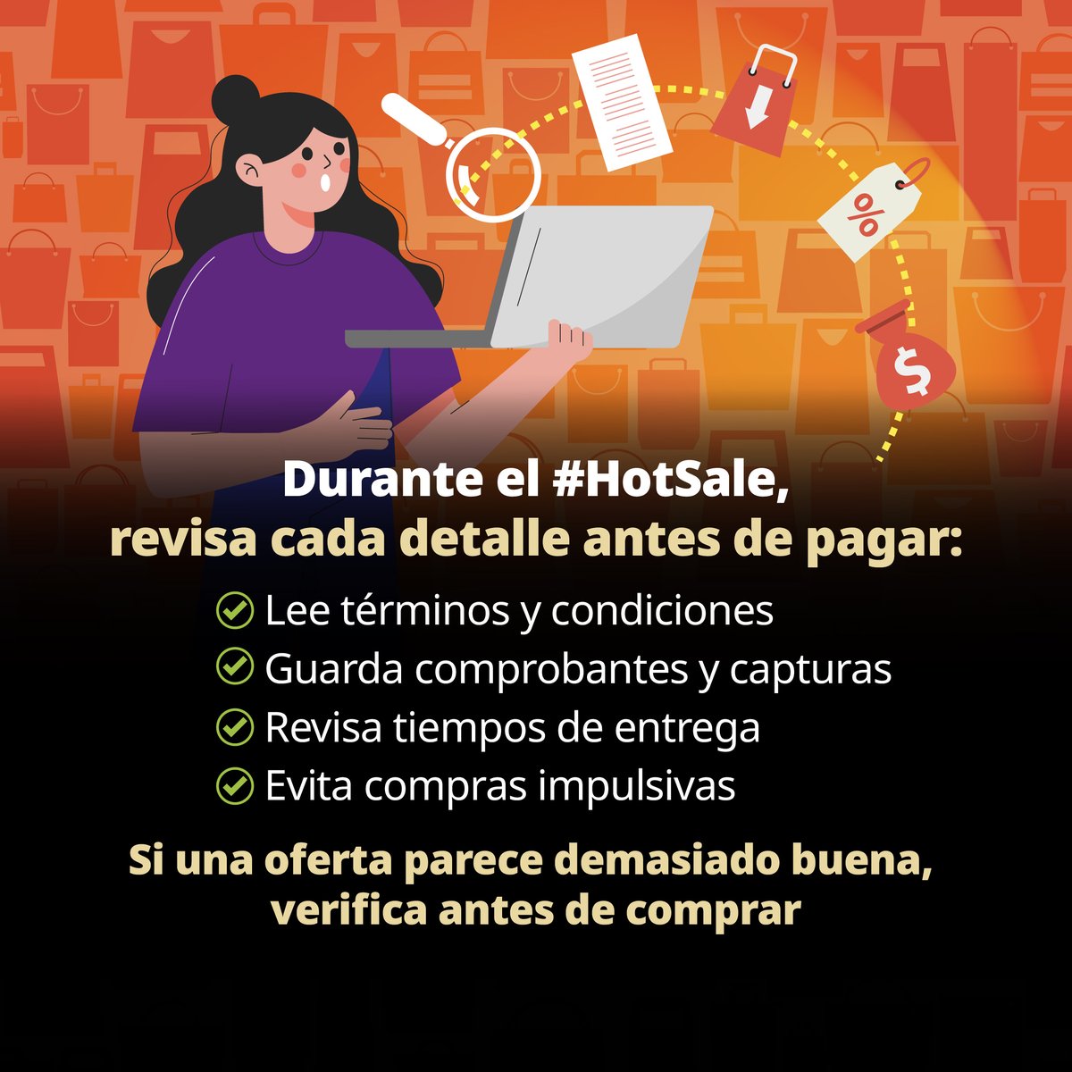 Profeco's tweet photo. ⚠️ En el #HotSale no todo es el descuento: también importa revisar términos, entregas y comprobantes.
Comprar con información te ayuda a proteger tu dinero y tus derechos. 📦💻
#Profeco #CompraInformada #HotSale #CuidaTuDinero https://t.co/elu6V1EYTw