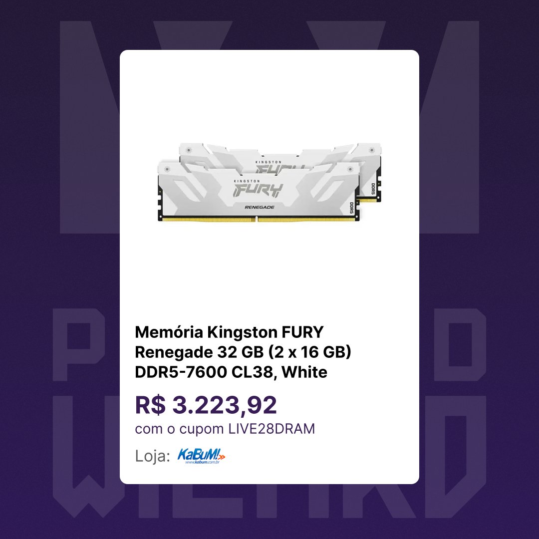 pcbuildwizard's tweet photo. Kingston FURY Renegade 32 GB (2 x 16 GB) DDR5-7600 CL38, White

R$ 4.029,90 (R$ 3.223,92 com o cupom LIVE28DRAM)

Frete Grátis (consulte o CEP)

Avaliação: ⭐⭐

Loja: KaBuM!
https://t.co/woj5wv4udH

Menor preço em 90 dias: R$ 3.599,99
Mediana dos preços de 90 dias: R$ 4.218,99 https://t.co/dJC5oQPBEj