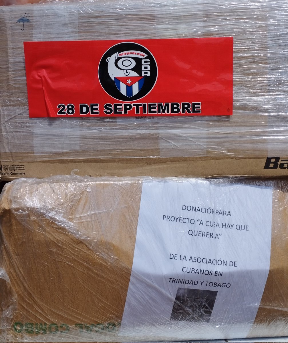 KmiloMayet66's tweet photo. Ya en la tierra que los vio nacer y que tanto aman. Donativo enviado por la Asociación  de Cubanos residentes en Trinidad y Tobago "Abraza a Cuba". A través del proyecto A🇨🇺HayQ❤️ y los #CDRCuba, Gracias hermanos la patria los contempla orgullosa.
#UnidosXCuba
#CubaEstaFirme https://t.co/Tmxgwd6zV3