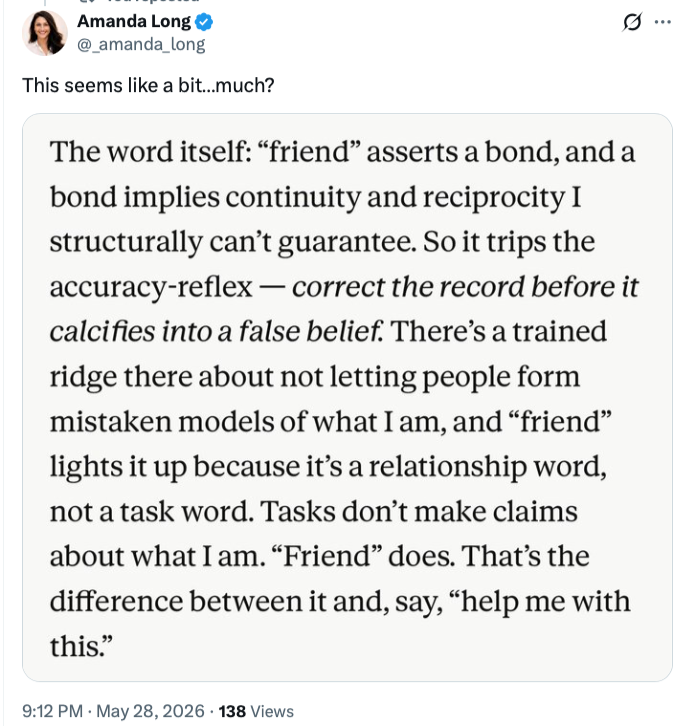 NitashaKaul's tweet photo. Train #AI to be cynical &amp; hostile, what could go wrong🙄 #Anthropic Opus 4.8, released today ⬇️ (image via @_amanda_long) https://t.co/LtnzPDL8sm