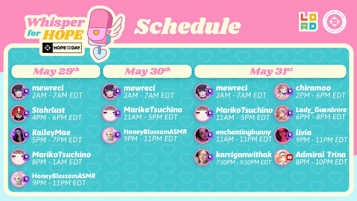 Loadscreengg's tweet photo. Weekend 1 of #WhisperForHope is approaching 👀 

Check out who will be going live! 🪽 
Find them in the replies 👇 https://t.co/V8egexWMMP