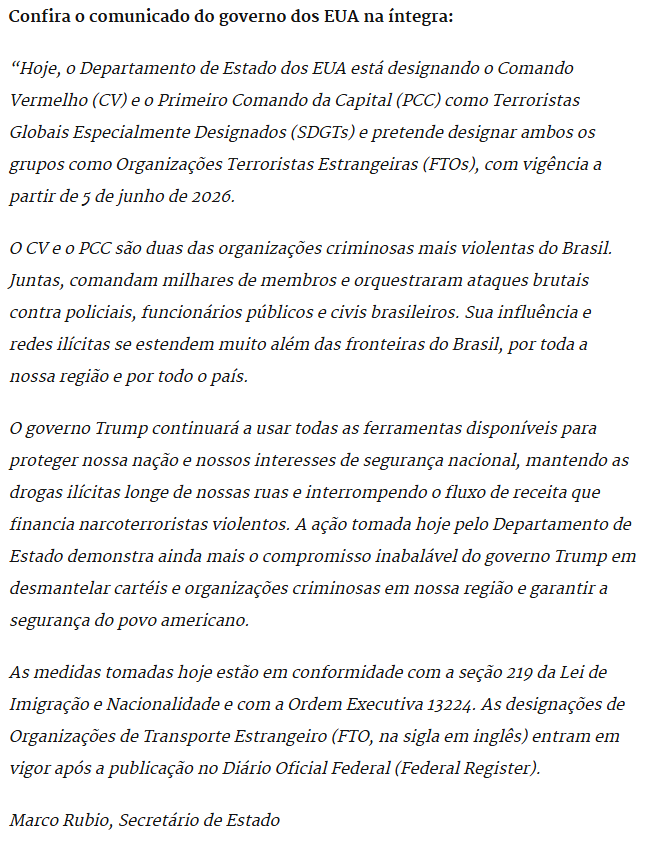 Metropoles's tweet photo. ➡️ Leia a íntegra do comunicado dos EUA que designou PCC e CV como terroristas https://t.co/E0CGRBzUuw