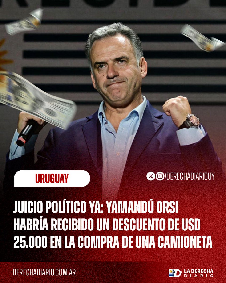 DerechaDiarioUY's tweet photo. 🇺🇾 | JUICIO POLÍTICO YA: El pseudo presidente Yamandú Orsi habría recibido un descuento de USD 25.000 en la compra de una camioneta, de la misma marca que usó en su asunción. https://t.co/TU9EvZnwYY
